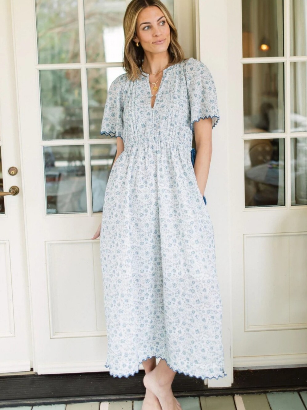 Baybala Lindsay Maxi Dress Blue White Tassel Tie Sash Cotton Floral Women's S